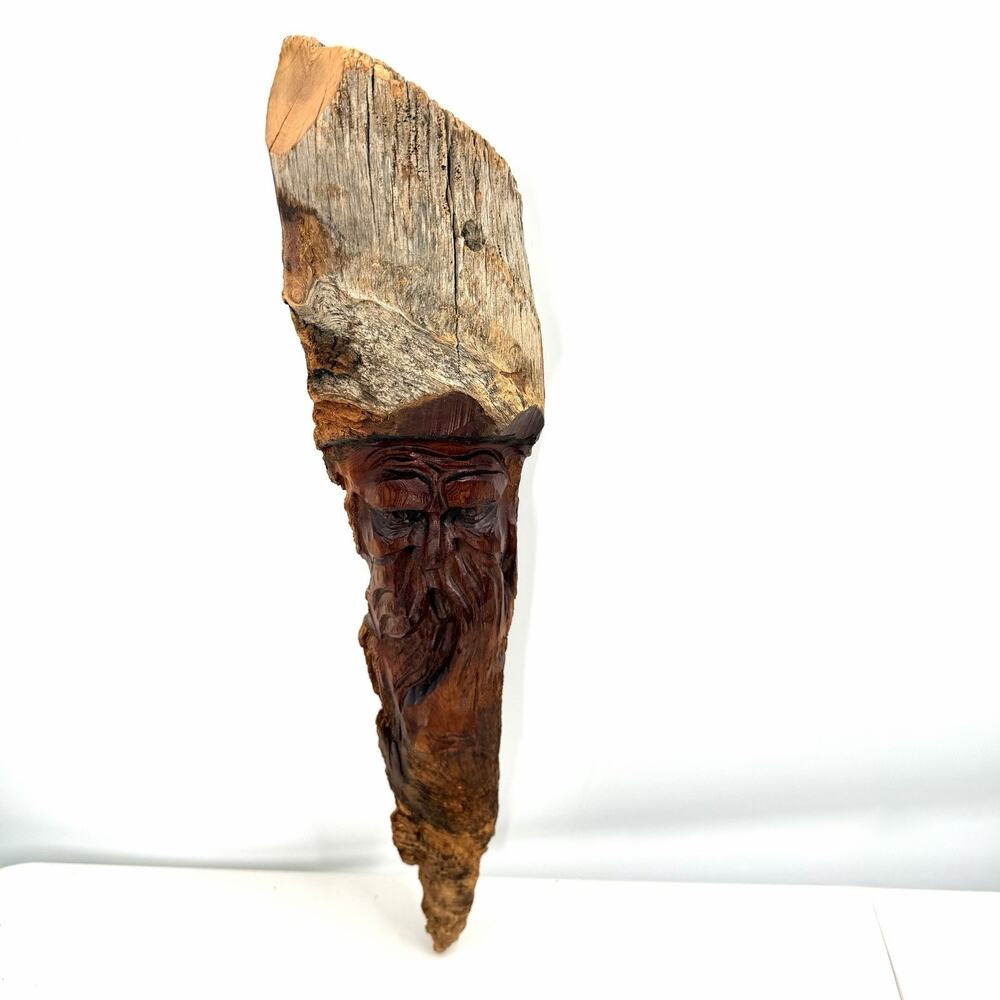Vintage Hand Carved Folk Art Tree Bearded Man Face Tree Spirit - 20" Long - Picture 2 of 9